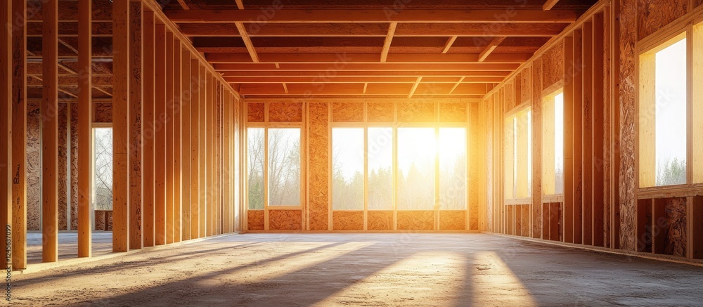 Poster empty room under construction featuring wooden framing and large windows illuminated by golden sunli