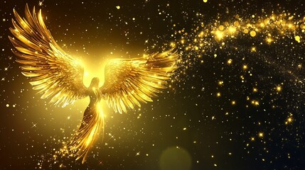 Majestic golden angel with shimmering wings illuminated against a starry background