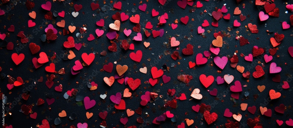 Aufkleber colorful heart-shaped confetti in various reds and pinks scattered across a black background creatin