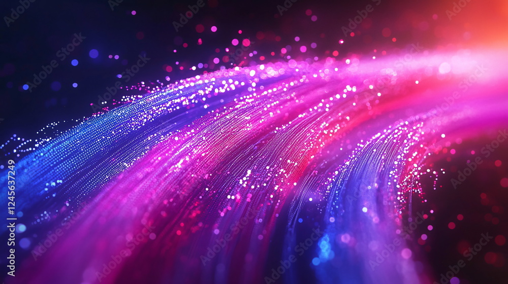 Poster vibrant abstract wave of colorful light particles in a dark background with a harmonious blend of pu