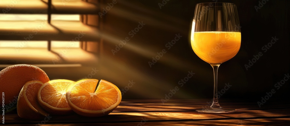 Poster Vibrant glass of orange juice on a rustic wooden table with sliced oranges glowing in warm sunlight creating a refreshing and appealing scene