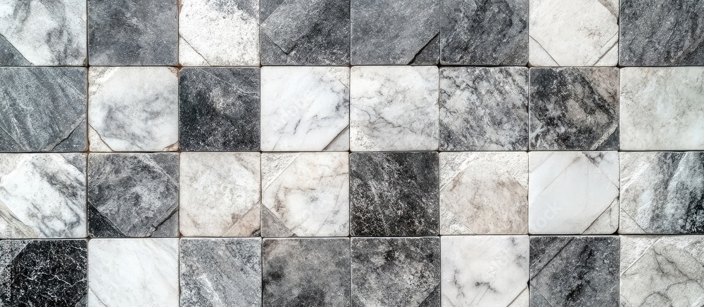 Aufkleber Gray and white marble pattern tiles arranged in a seamless checkerboard layout with varying shades creating a modern sophisticated design.