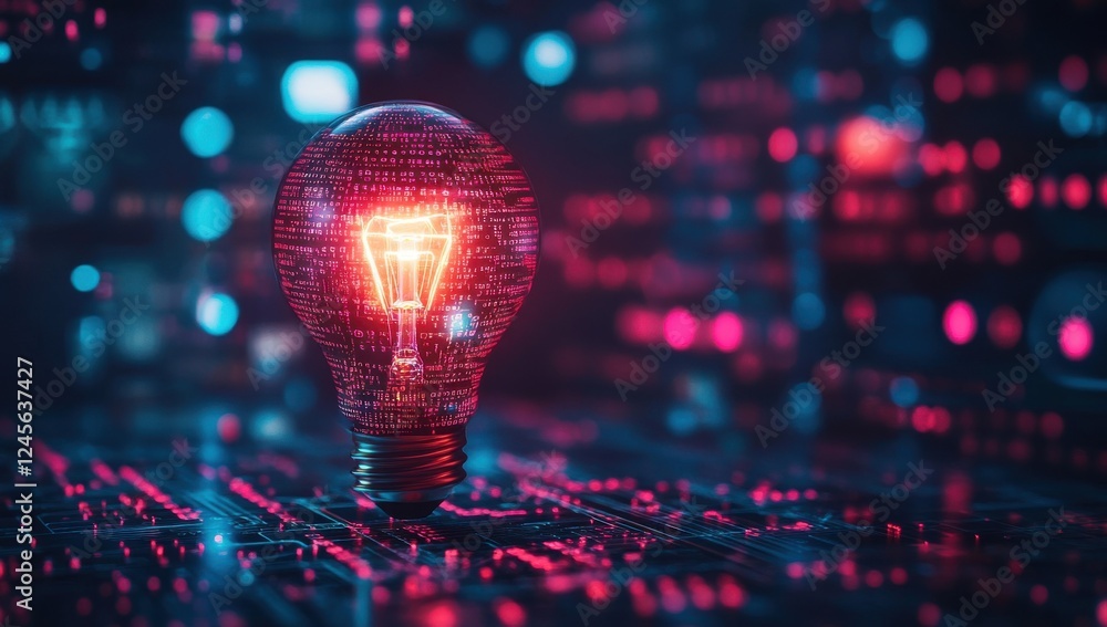 Poster glowing light bulb surrounded by digital binary code on a futuristic background representing technol