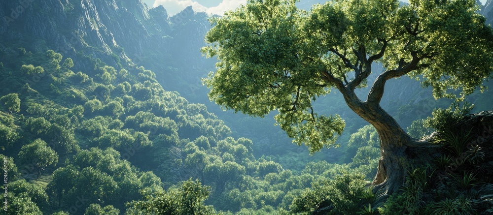Poster lush green forest landscape featuring a majestic tree on a slope with mountains in the background cr