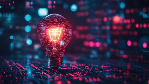 Glowing Light Bulb Surrounded by Digital Binary Code on a Futuristic Background Representing Technology and Innovation in a Modern Context