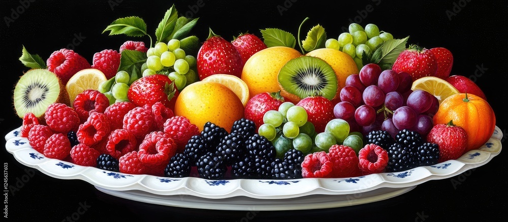 Aufkleber vibrant fresh fruit platter showcasing an array of red raspberries green grapes blackberries yellow 