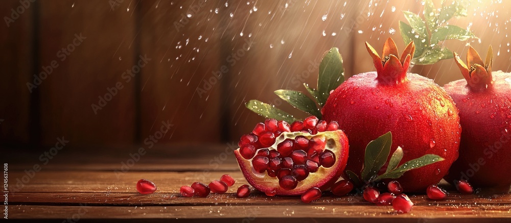 Aufkleber Vibrant red pomegranates with glossy seeds and droplets rest on a rustic wooden table illuminated by soft light creating an appealing healthy scene