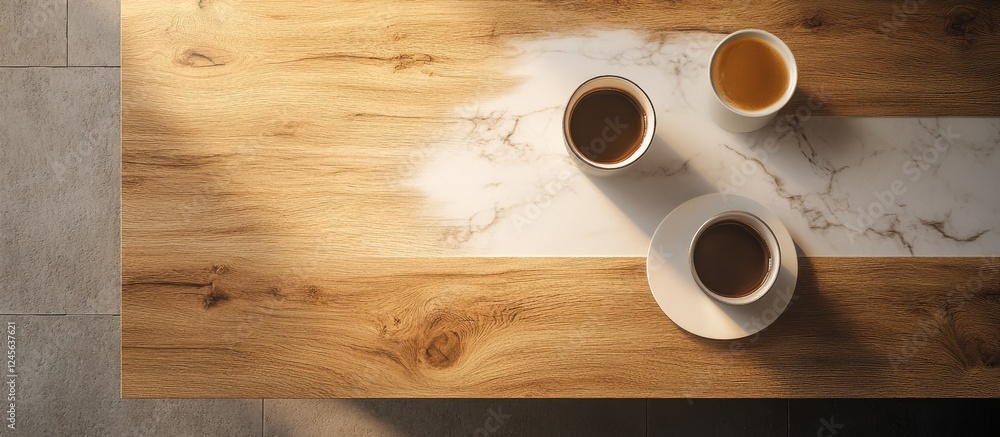 Aufkleber sleek light wood tabletop viewed from above featuring a marble inlay and three coffee cups positione