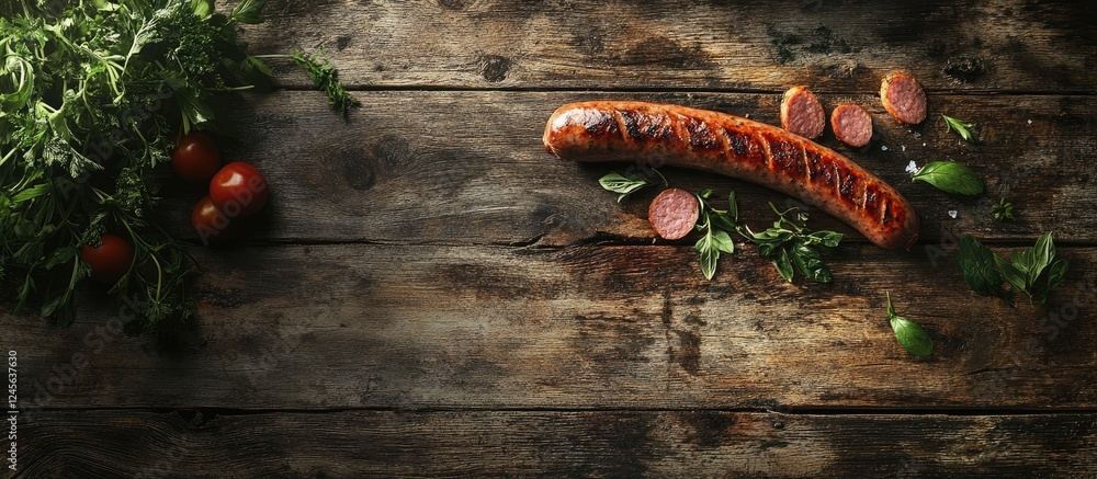 Poster sausage placed on rustic wooden surface surrounded by vibrant herbs and sliced tomatoes highlighting