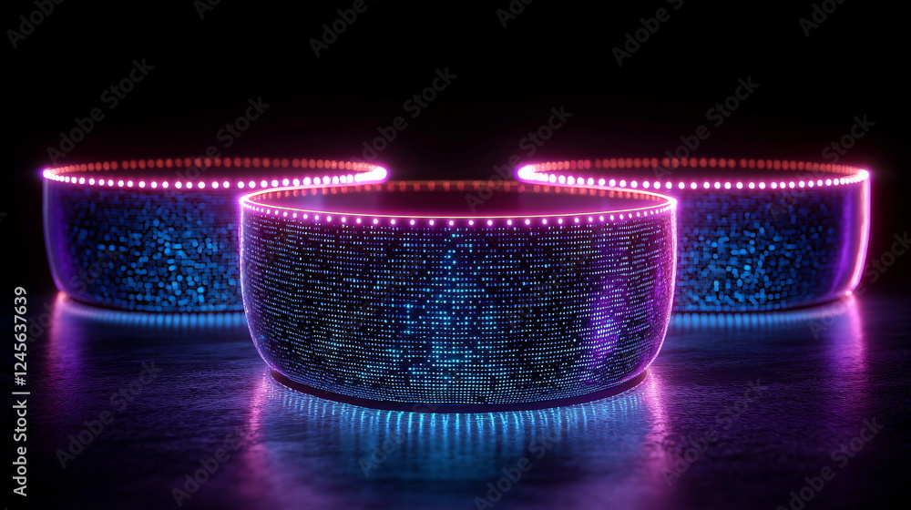 Poster glowing bowls with neon edges and digital patterns arranged artistically on a dark reflective surfac