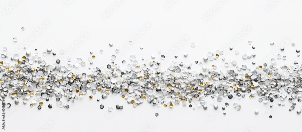 Poster elegant silver and gold confetti gently scattered across a bright white background creating a festiv