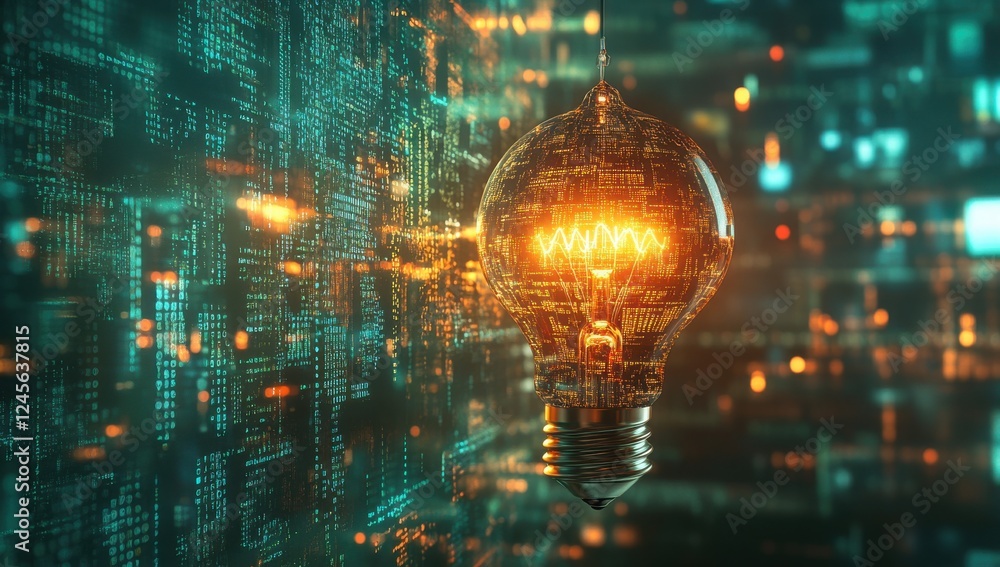 Poster glowing light bulb with digital binary code background representing innovation and technology in a f