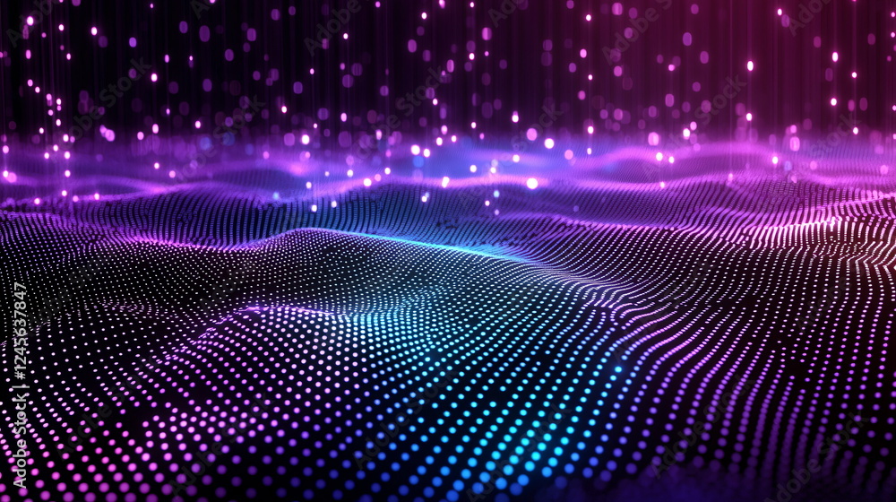 Poster vibrant digital landscape with luminous dots and wave-like patterns reflecting a blend of purple and