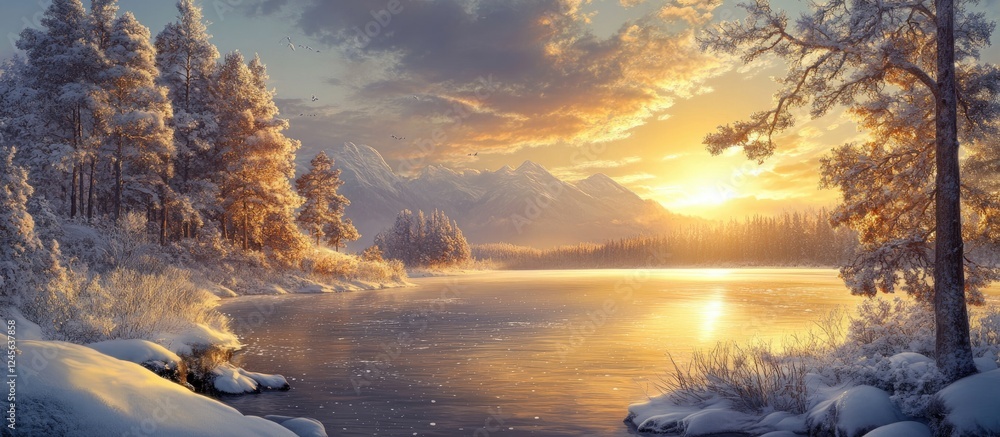 Poster golden sunrise reflecting on a serene snow-covered lake surrounded by frosty trees and soft clouds c