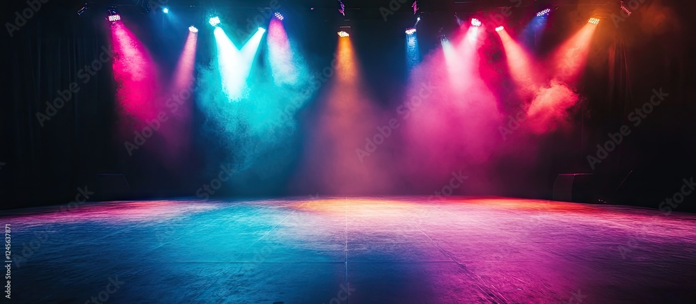 Poster vibrant illuminated stage with blue pink and orange light beams spread across the floor creating a c