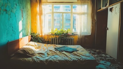 A room filled with natural light due to missing curtains.
