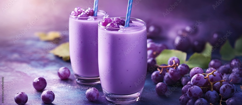Poster refreshing purple grape smoothie in clear glasses garnished with fresh grapes and blue straws on a v
