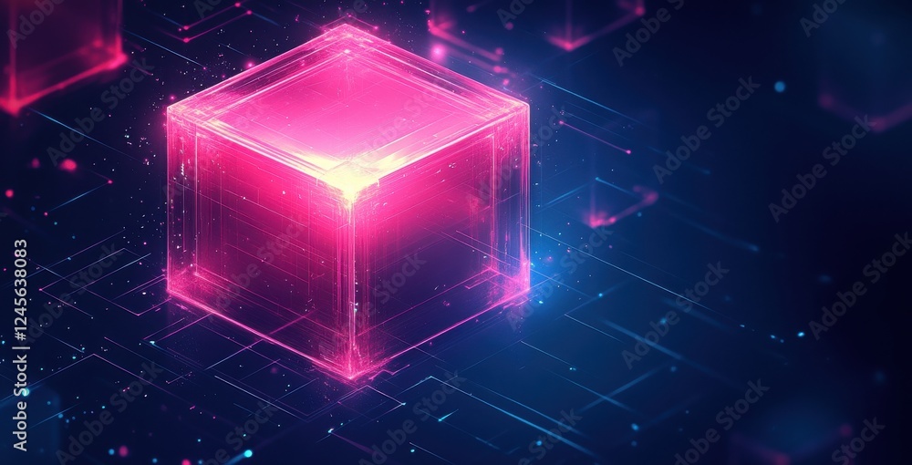 Poster glowing neon cube in a futuristic digital space with vibrant colors and abstract shapes, representin