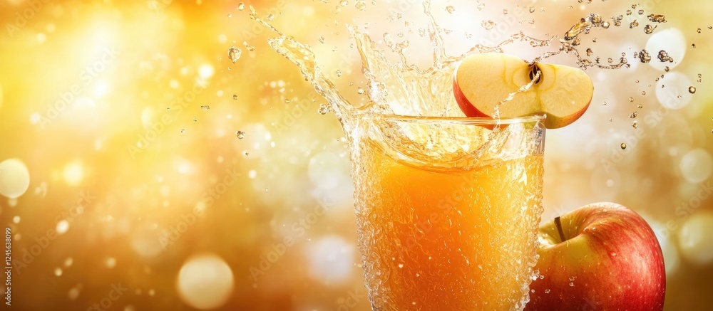Poster vibrant apple juice splashes into a clear glass with dynamic orange tones while whole apples sit nea