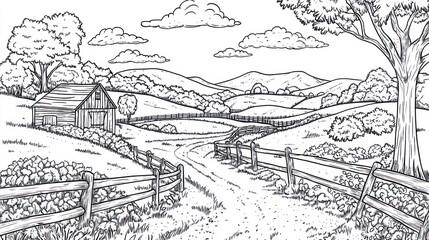 Rural countryside barn, path, rolling hills, coloring page