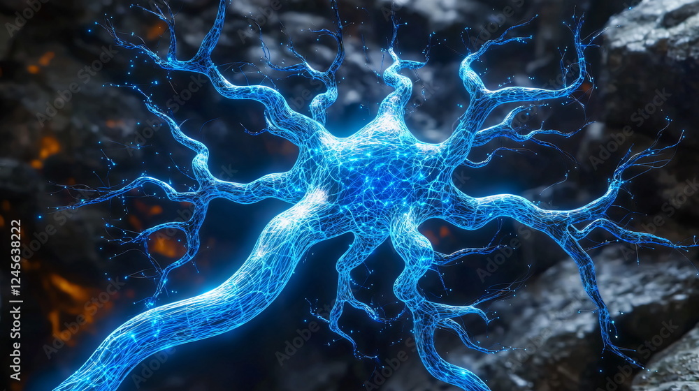 Poster illuminated blue neuron with glowing connections against a dark background, showcasing intricate neu