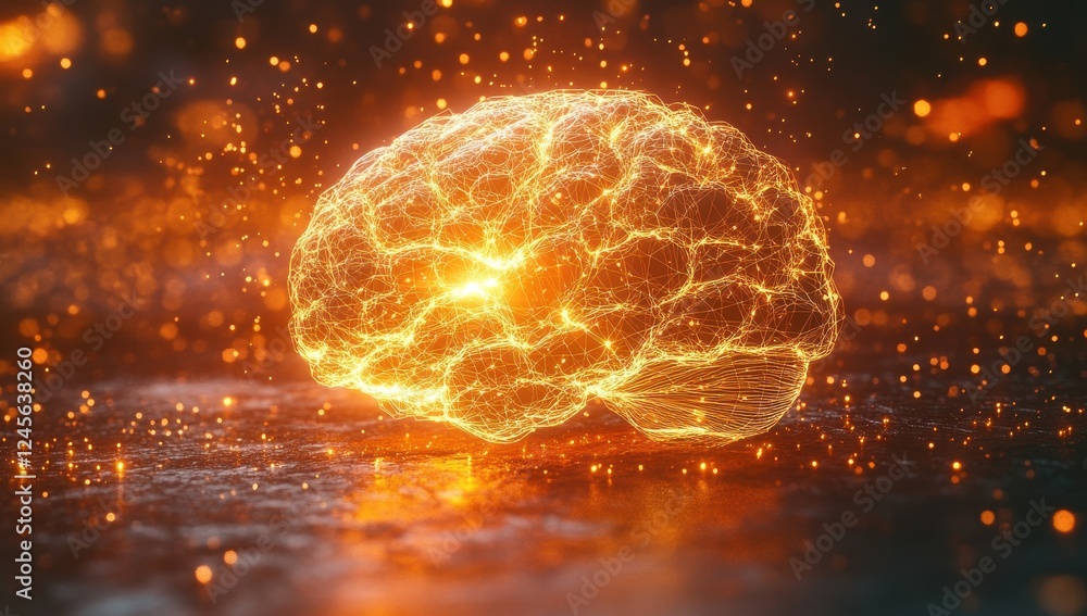 Poster glowing neural connections illustrating brain activity and intelligence sparks with bright particles
