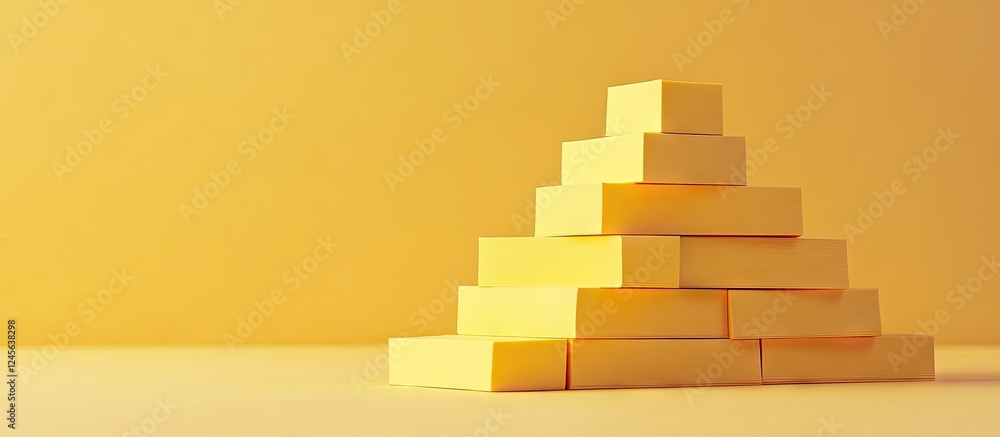 Poster Artistic pyramid formation of yellow sticky notes stacked neatly on a soft yellow background with a clean and minimalistic aesthetic.