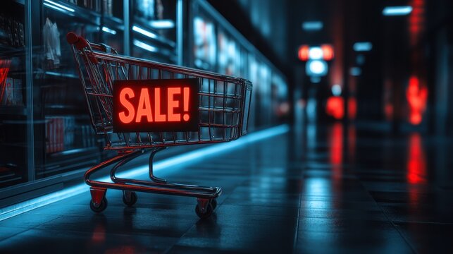 Sale sign on shopping cart in supermarket aisle at night