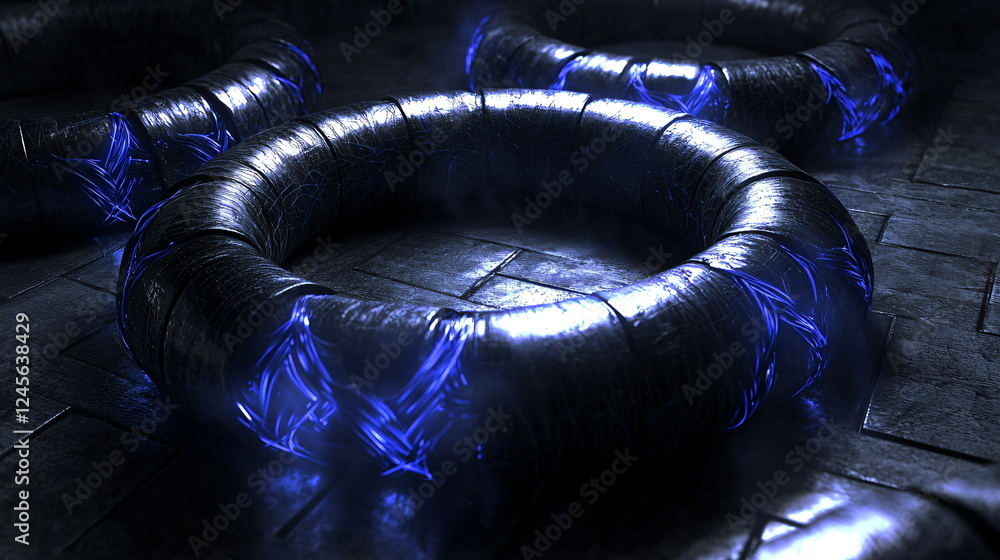 Aufkleber glowing futuristic rings with blue energy patterns on a dark textured surface, illuminated by low li