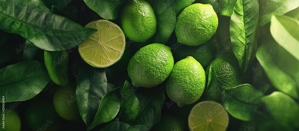 Poster vibrant green limes scattered among lush leaves with a sliced lime adding contrast in a refreshing a