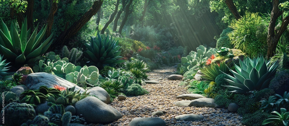 Poster lush green succulent paradise with vibrant plants and rocks in foreground, sunlight filtering throug