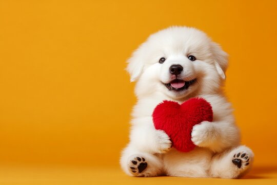 Cute kuvasz hound with fluffy red heart - sign of love, funny greeting card. Ad concept art. Kuvasz - my cherished dog. Dog heartwarming poses. Cute animal love. Animal valentines. Pet love.