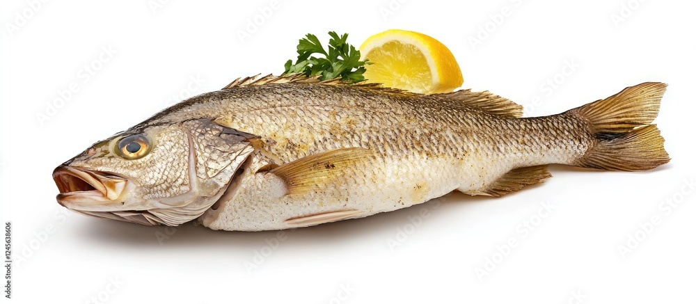 Poster fresh rock bass laying horizontally on a white background garnished with lemon slices and parsley hi