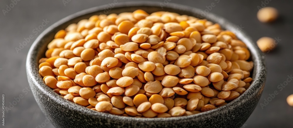 Poster close up of golden split lentils in a dark stone bowl against a gray background highlighting the len