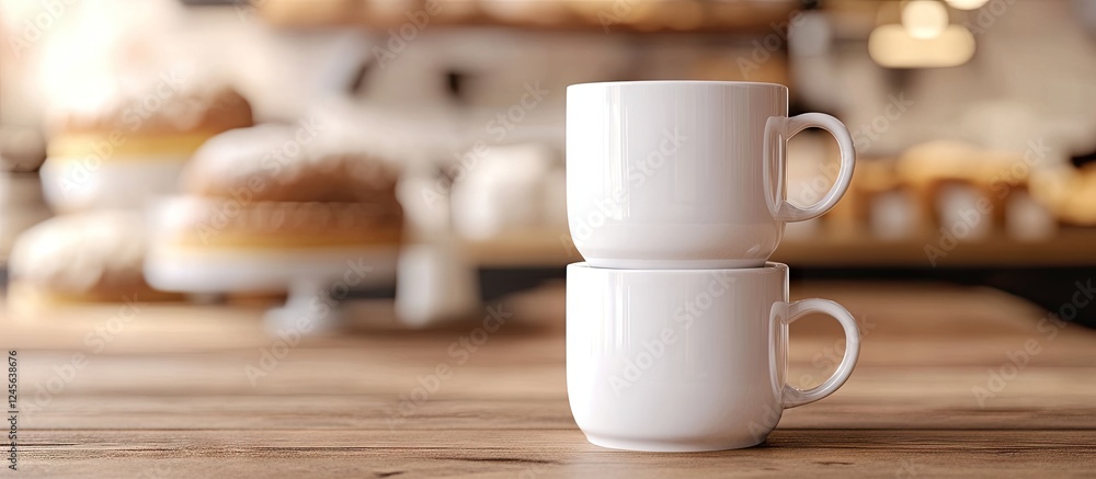Poster Stack of two white mugs on a wooden table with blurred bakery background featuring soft warm tones and sweet pastries creating a cozy atmosphere