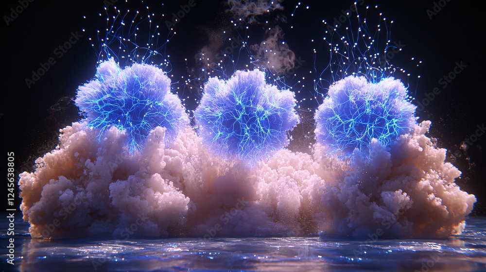 Poster electric blue orbs surrounded by clouds producing a striking visual effect against a dark background