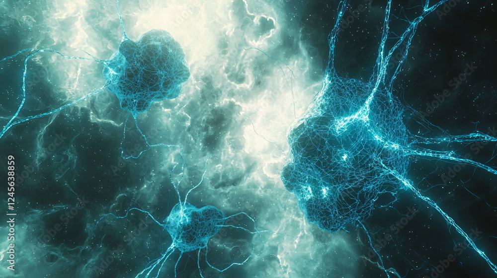 Aufkleber neurons connected by glowing blue synapses floating in a dark cosmic space, with ethereal particles 