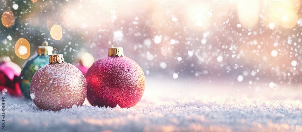 Poster vibrant pink and gold baubles sitting on soft snow with a blurred festive background of lights and f