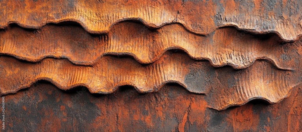 Aufkleber Close-up view of textured layers in rusty orange and dark brown tones, featuring wavy patterns on a weathered surface resembling aged metal.