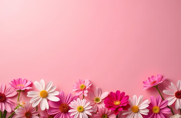 Fototapeta premium Background with different colors on a soft pink background with space for text. Background for advertising, banner, postcards. Holiday background for Women's Day, Mother's Day, Spring Sale.