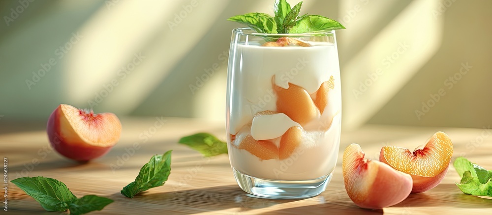Poster fresh yogurt in a glass topped with peach slices and mint leaves on a wooden table, illuminated by s