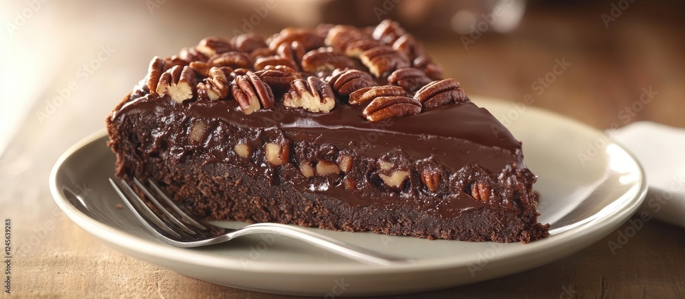 Poster rich chocolate pecan torte slice on a neutral plate with a fork positioned on a rustic wooden table 