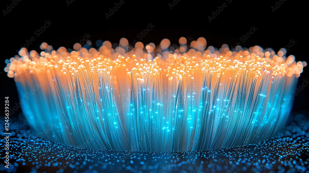 Poster luminous fibers radiating vibrant orange and blue hues, resembling a glowing abstract design with a 