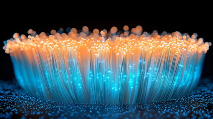 Luminous fibers radiating vibrant orange and blue hues, resembling a glowing abstract design with a captivating texture and dynamic light patterns on a dark background.