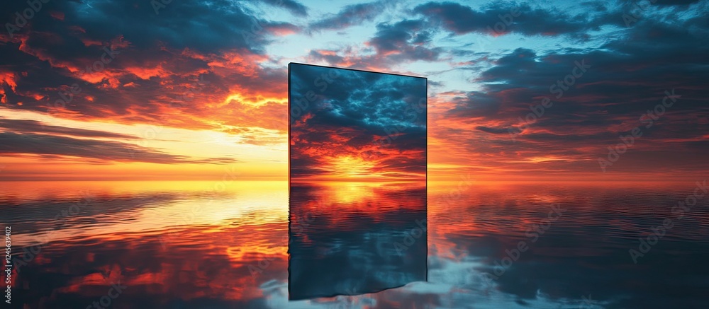 Aufkleber vibrant golden sunset reflected in a large mirror with vivid orange and blue hues creating a serene 