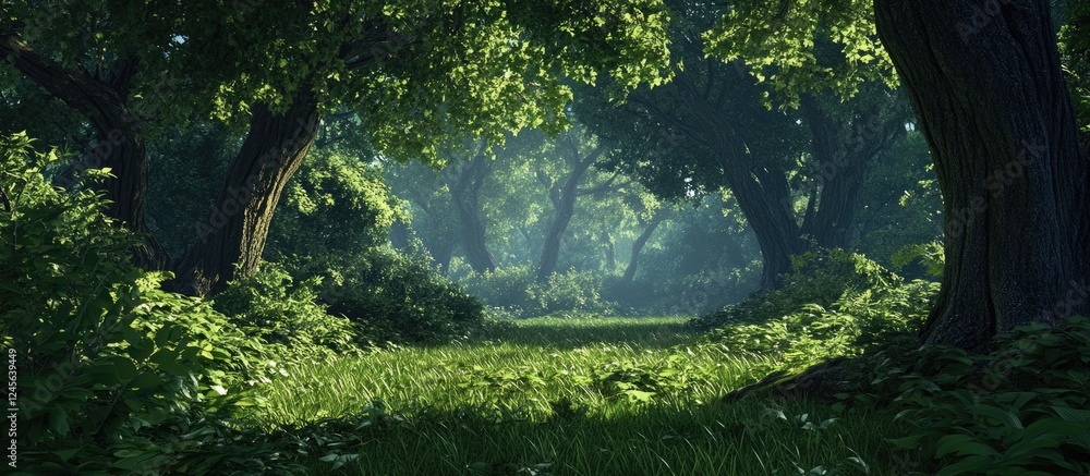 Poster lush green forest scene with dense trees on both sides and a soft light illuminating the grassy path