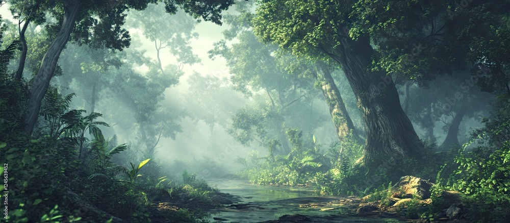 Poster misty forest landscape with dense fog, towering green trees, and soft light creating a tranquil atmo