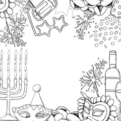 Purim square greeting card template in black and white vector illustration. Jewish holiday symbols banner frame for coloring with Torah megillah Esther, masks, menorah, raashan and cookies