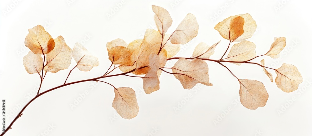 Aufkleber delicate translucent orange eucalyptus leaves arranged on a slender branch against a soft white back