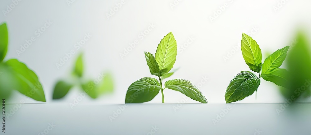 Poster vibrant fresh mint leaves in various shades of green arranged on a smooth white surface with a soft 